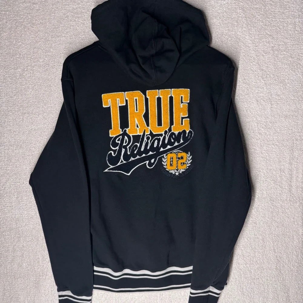 True Religion Collegiate Pullover Hoodie Men's Large Black Chenille Logo Y2K